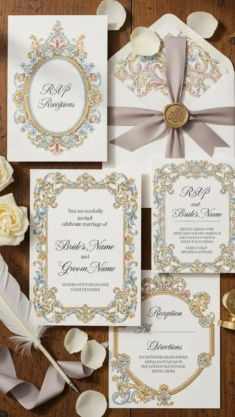 Aisle Runners with Coastal Motifs Elegant Wedding Invitations with Rococo Motifs