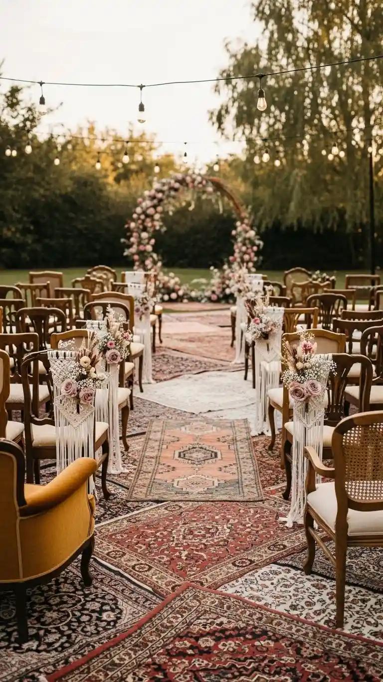 Aisle Runners with Coastal Motifs Ceremony Seating That Reflects a Retro Revival Wedding Aesthetic