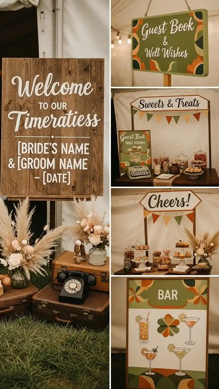 Aisle Runners with Coastal Motifs Thoughtful Signage Supporting Retro Revival Wedding Design