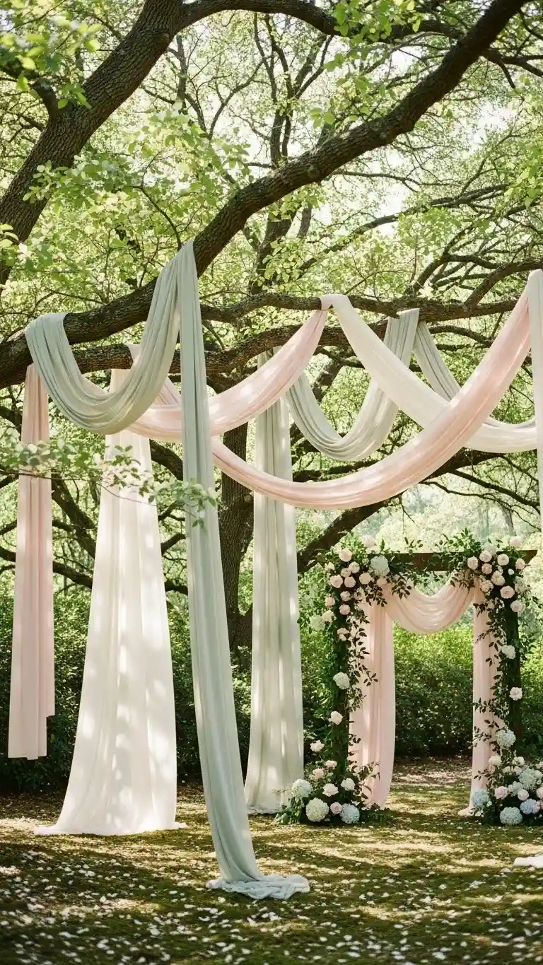 Aisle Runners with Coastal Motifs Soft Fabric Draping Among Trees