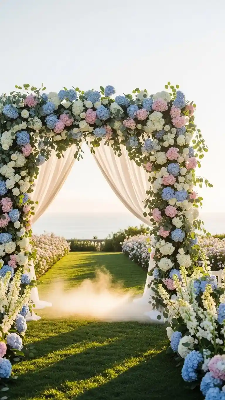 Aisle Runners with Coastal Motifs Hydrangea-Focused Ceremony Arches with Soft Greenery