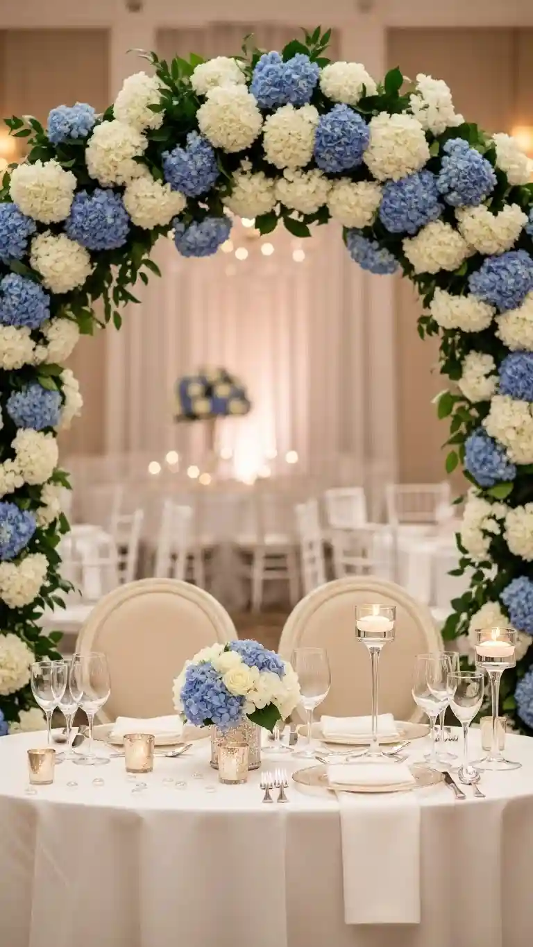 Aisle Runners with Coastal Motifs Romantic Hydrangea Sweetheart Table Styling