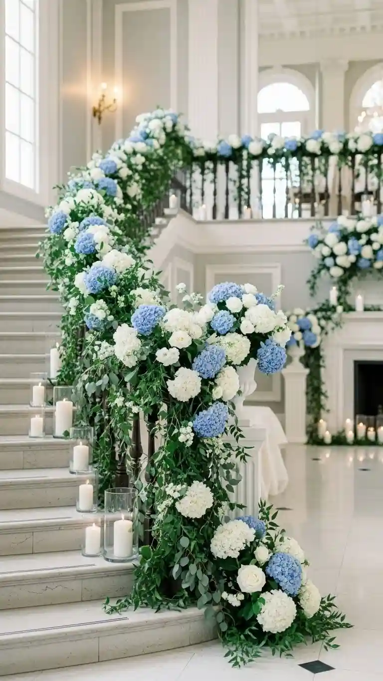 Aisle Runners with Coastal Motifs Hydrangea-Adorned Staircases and Architectural Details