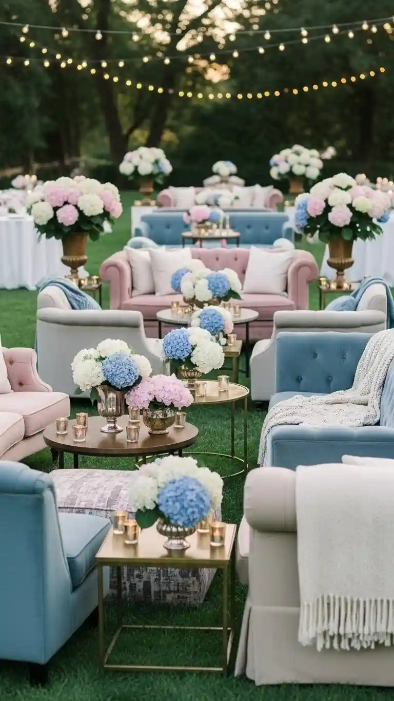 Aisle Runners with Coastal Motifs Garden-Inspired Hydrangea Lounge Area Decor