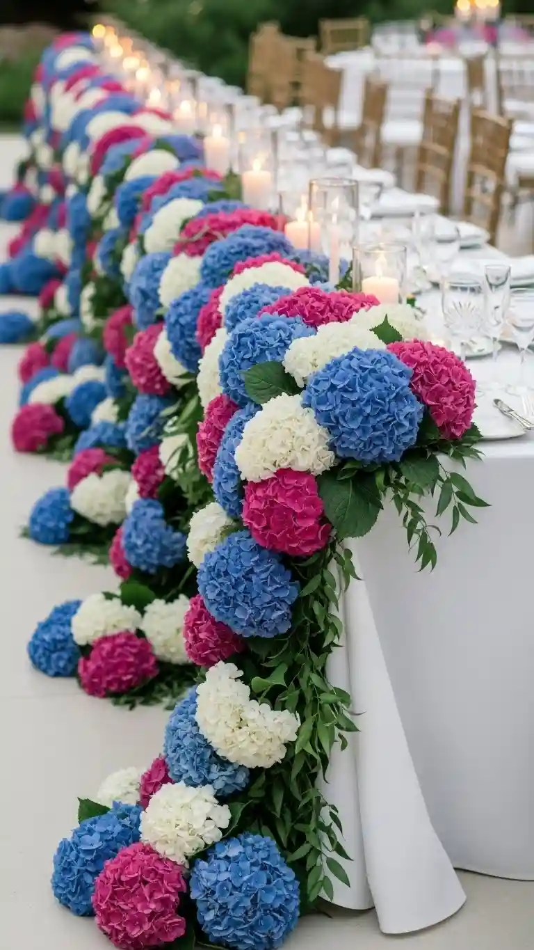 Aisle Runners with Coastal Motifs Elegant Hydrangea Table Runners and Floral Garlands