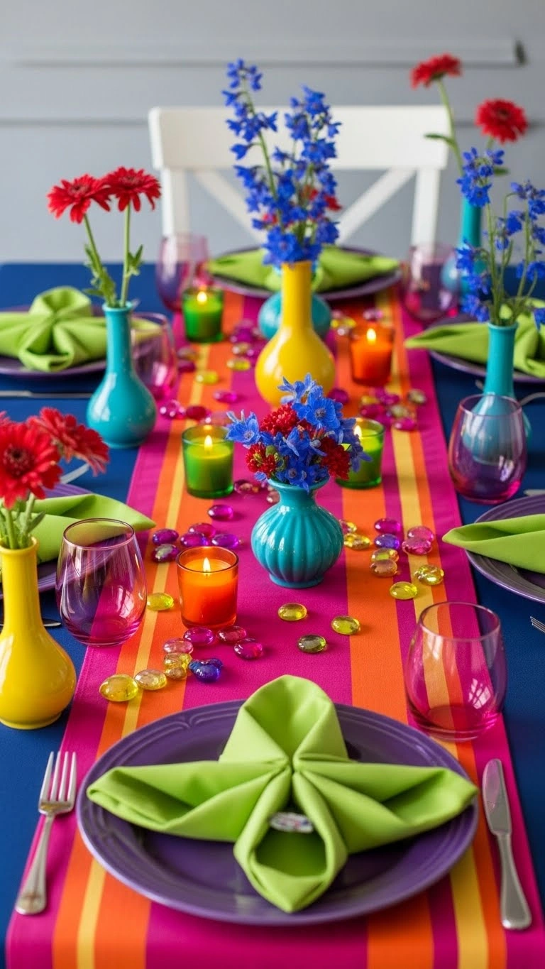 Aisle Runners with Coastal Motifs 5. Bold Color Blocking Across Table Settings