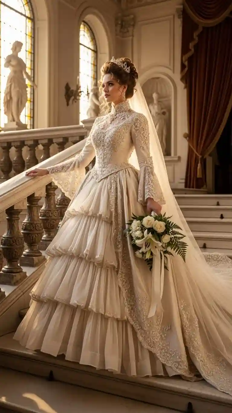 Aisle Runners with Coastal Motifs 8. Elegant Bridal Attire with Old-World Silhouettes