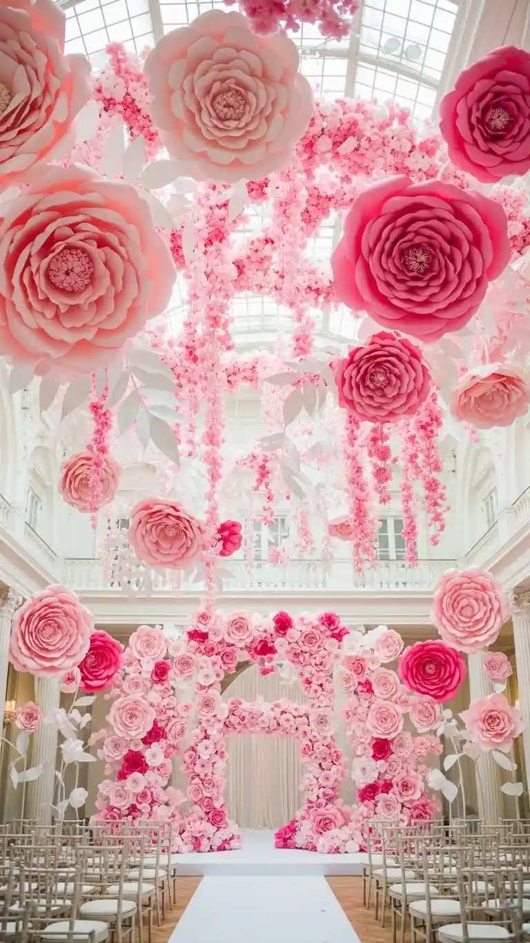 21 Pink Wedding Ceremony Decor Ideas That Feel Soft & Dreamy 24 Pink Paper Flower Installations for Creative and Affordable Beauty