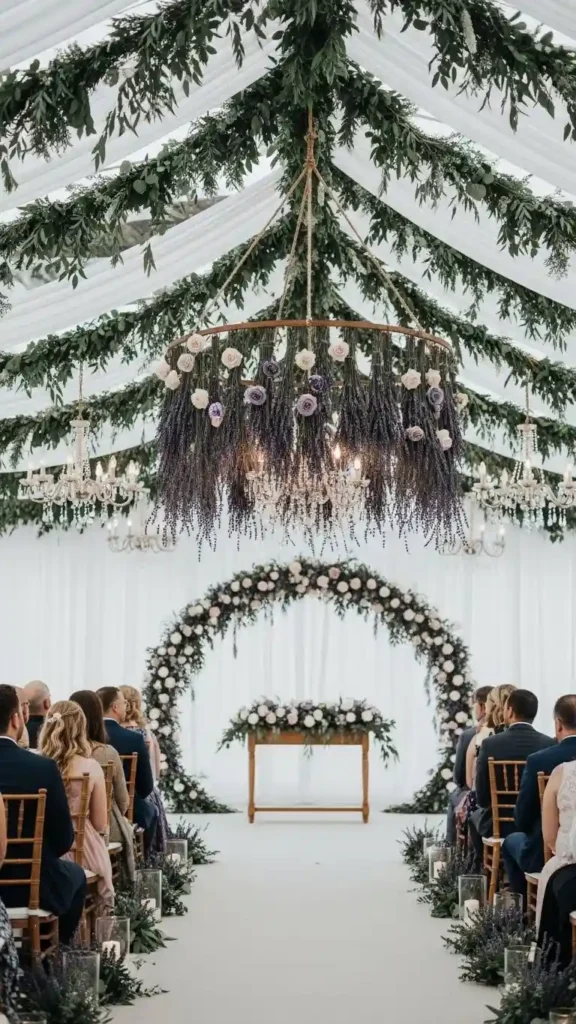 23 Stunning Lavender Wedding Ceremony Décor Ideas for Every Style 6 Hanging Lavender Floral Installations