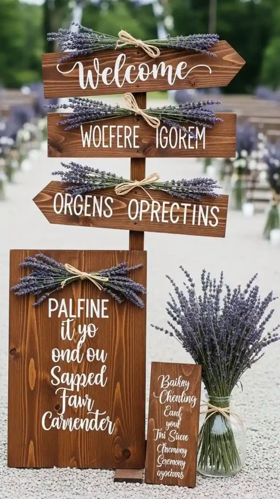 23 Stunning Lavender Wedding Ceremony Décor Ideas for Every Style 8 Rustic Lavender Wooden Signage