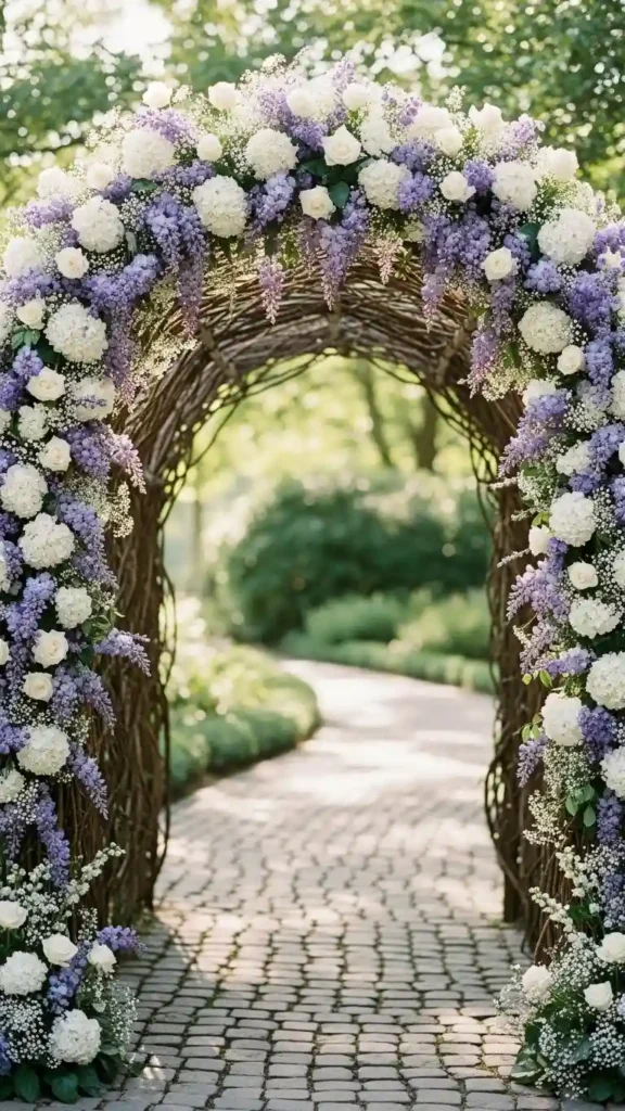 23 Stunning Lavender Wedding Ceremony Décor Ideas for Every Style 10 Lavender and White Flower Arch