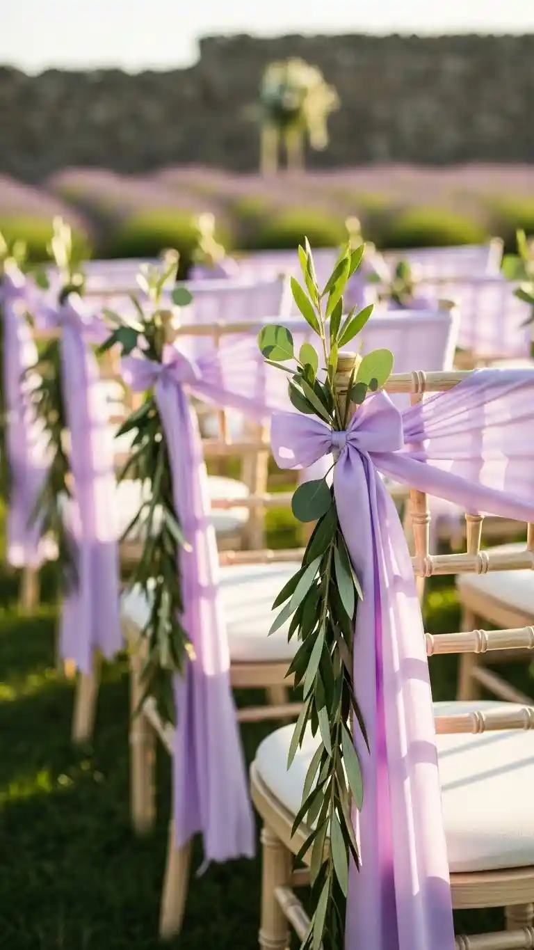 23 Stunning Lavender Wedding Ceremony Décor Ideas for Every Style 11 Lavender Ribbon-Wrapped Chairs