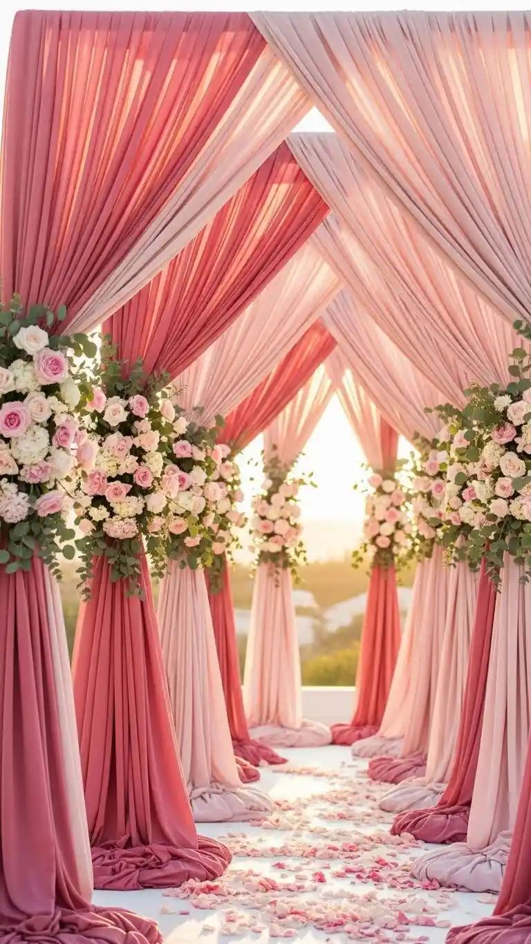 21 Pink Wedding Ceremony Decor Ideas That Feel Soft & Dreamy 6 Rose-Pink Draped Arches for a Dreamy Ceremony Backdrop