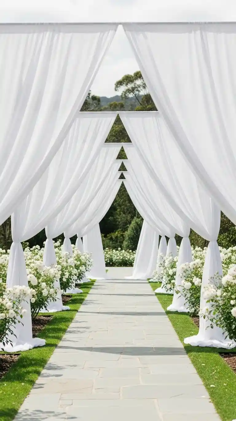21 Neutral Wedding Ceremony Décor Ideas You’ll Love 9 White Draped Aisle Entrances for a Dreamy Minimalist Appeal