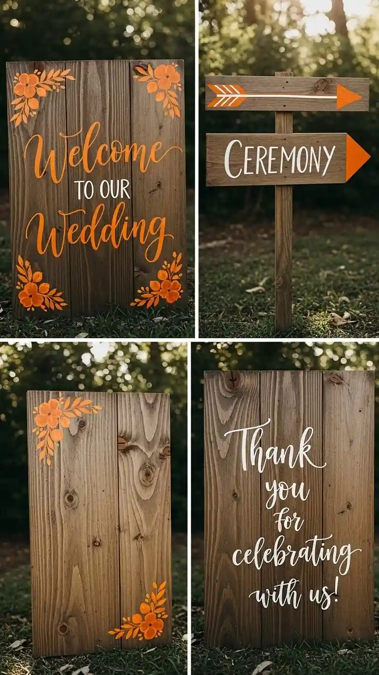 23 Burnt Orange Wedding Ceremony Ideas That Wow Guests 12 Rustic Wooden Signs with Burnt Orange Accents