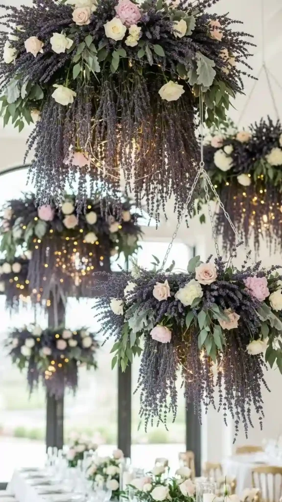 23 Stunning Lavender Wedding Ceremony Décor Ideas for Every Style 23 Lavender Hanging Floral Chandeliers