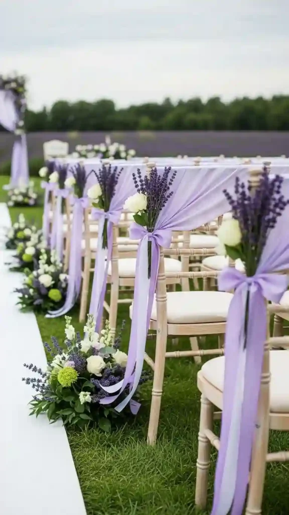 23 Stunning Lavender Wedding Ceremony Décor Ideas for Every Style 22 Lavender Ribbon Accents on Chairs