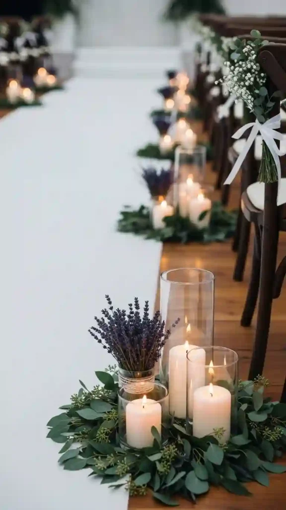 23 Stunning Lavender Wedding Ceremony Décor Ideas for Every Style 21 Lavender Candle Arrangements Along the Aisle