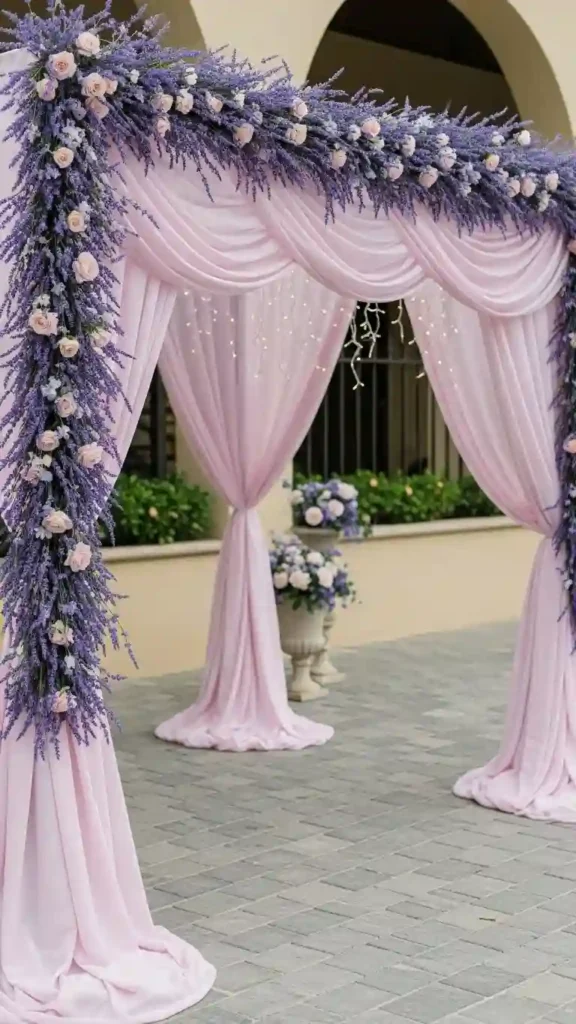 23 Stunning Lavender Wedding Ceremony Décor Ideas for Every Style 20 Lavender Draped Canopy for Outdoor Ceremonies