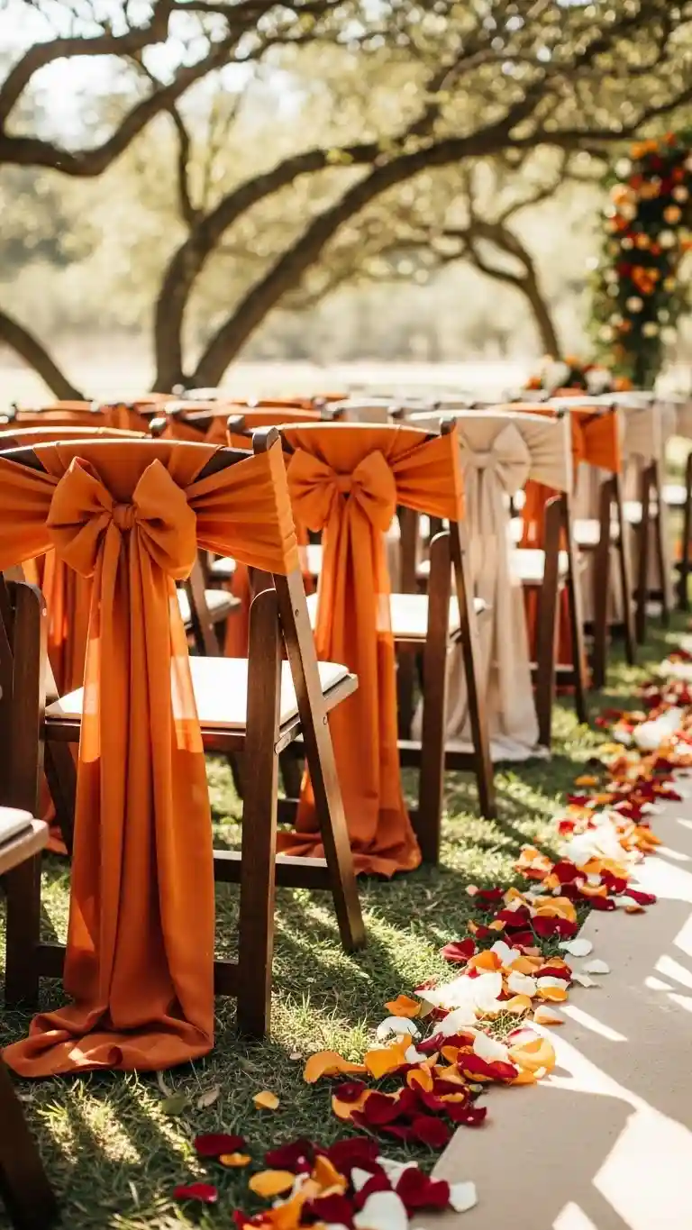 23 Burnt Orange Wedding Ceremony Ideas That Wow Guests 9 Burnt Orange Chair Sashes and Covers