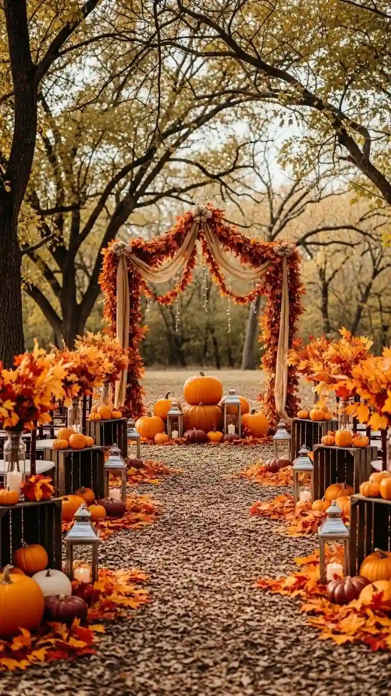 23 Burnt Orange Wedding Ceremony Ideas That Wow Guests 8 Autumn Leaf and Pumpkin Décor