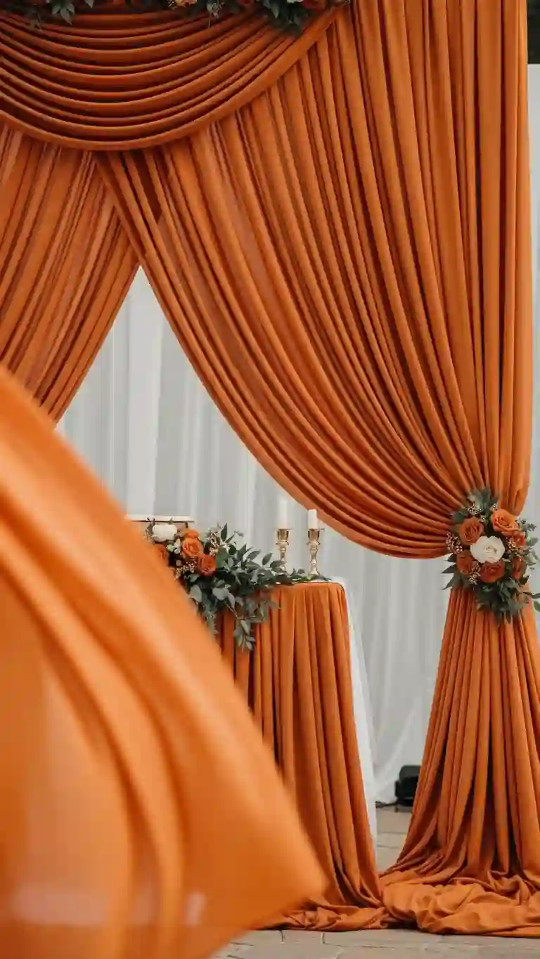 23 Burnt Orange Wedding Ceremony Ideas That Wow Guests 6 Elegant Burnt Orange Draped Backdrops