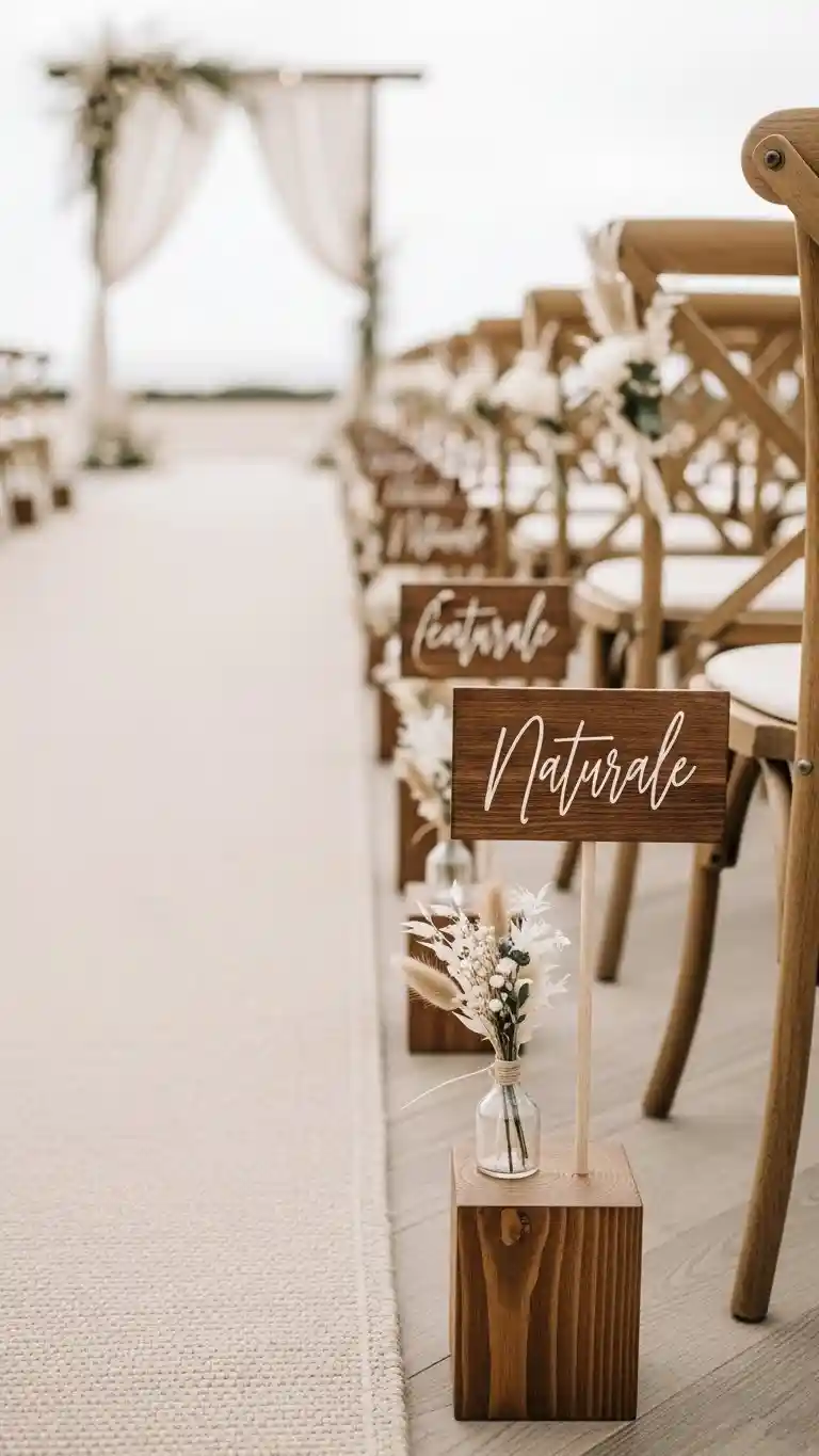 21 Neutral Wedding Ceremony Décor Ideas You’ll Love 11 Natural Wood Aisle Markers