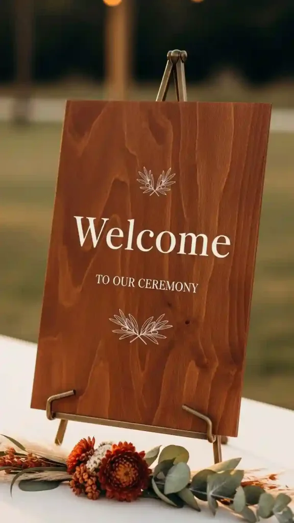 21 Stunning Brown Wedding Ceremony Ideas to Try 14 Brown Welcome Sign with Minimal and Elegant Details