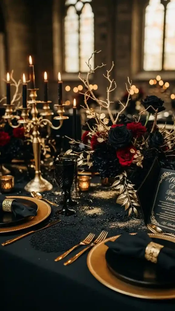 23 Breathtaking Gothic Wedding Ceremony Decor Ideas You’ll Love 16 Black and Gold Accents