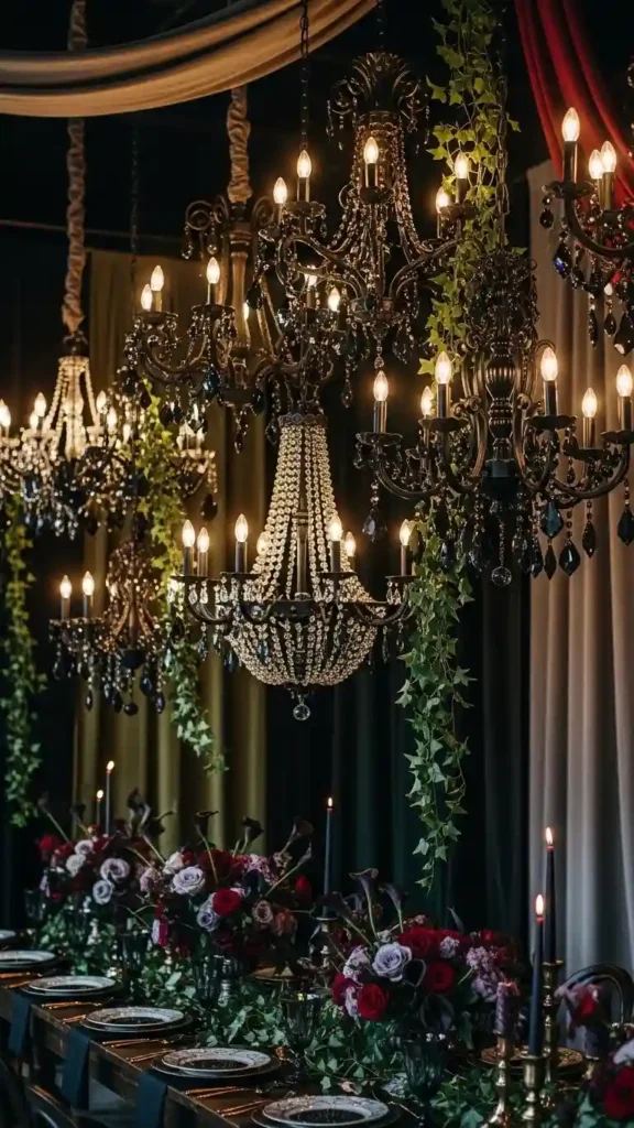 23 Breathtaking Gothic Wedding Ceremony Decor Ideas You’ll Love 17 Moody Hanging Chandeliers