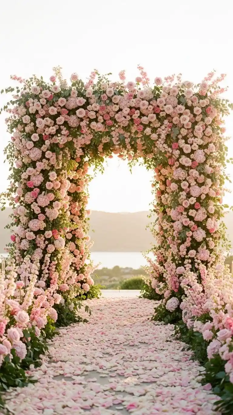 21 Pink Wedding Ceremony Decor Ideas That Feel Soft & Dreamy 9 Pink Floral Wedding Arch for a Statement Ceremony Moment