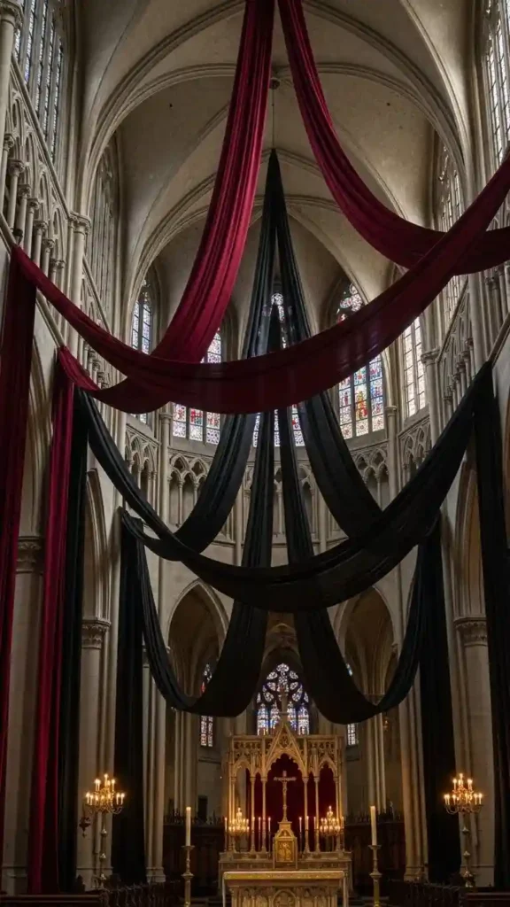 23 Breathtaking Gothic Wedding Ceremony Decor Ideas You’ll Love 22 Dramatic Draped Canopies