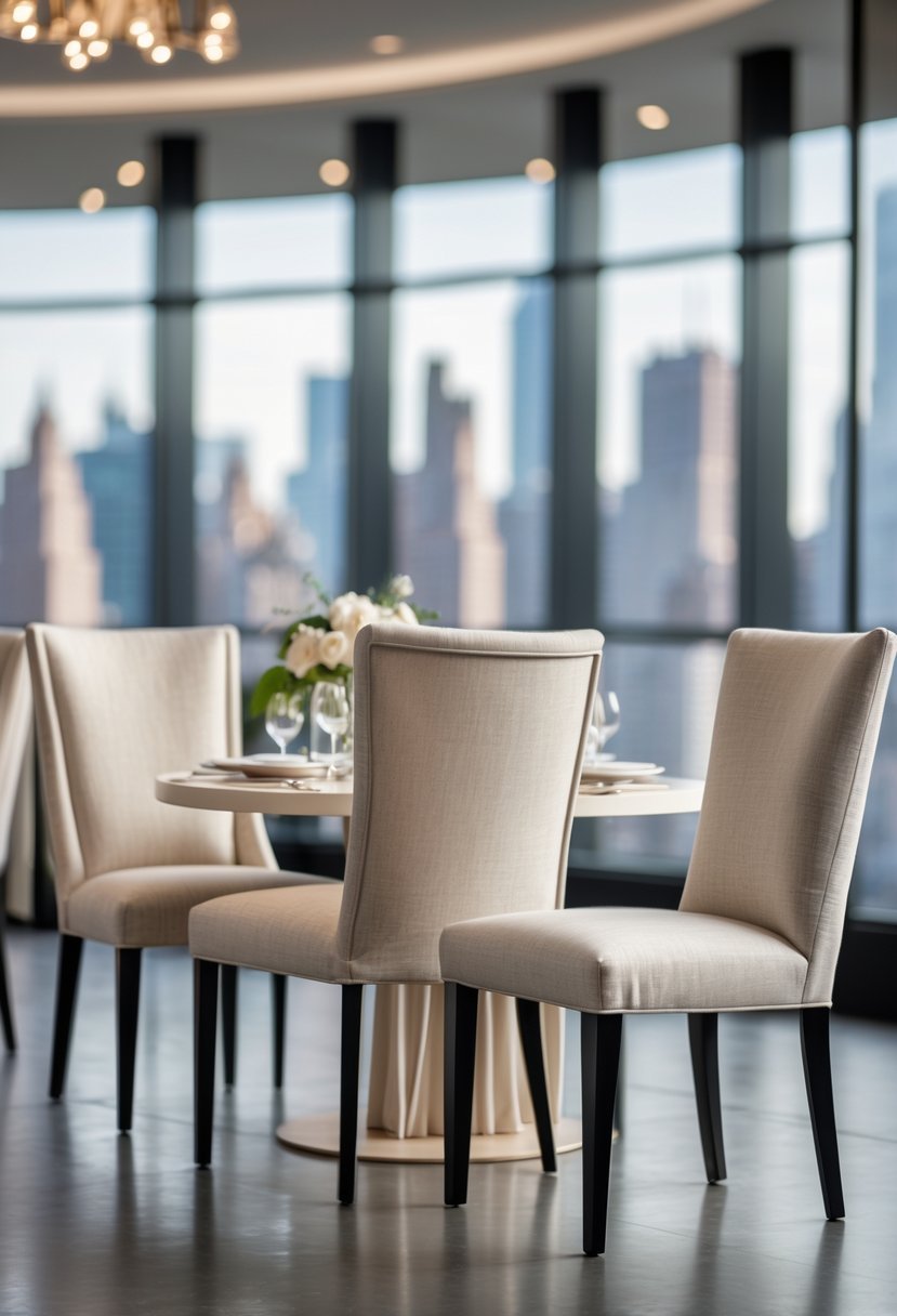 5 Best Luxury Linen Chair Rentals in NYC for Elegant Event Seating 2 Five linen chairs arranged around a table in a bright indoor event space with large windows showing a city skyline.