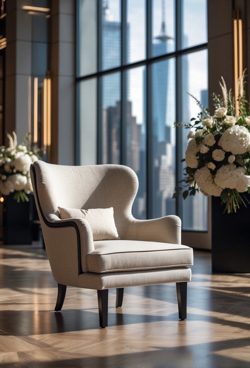 5 Best Luxury Linen Chair Rentals in NYC for Elegant Event Seating 8 A luxurious linen chair in an elegant event space with city skyline visible through large windows.