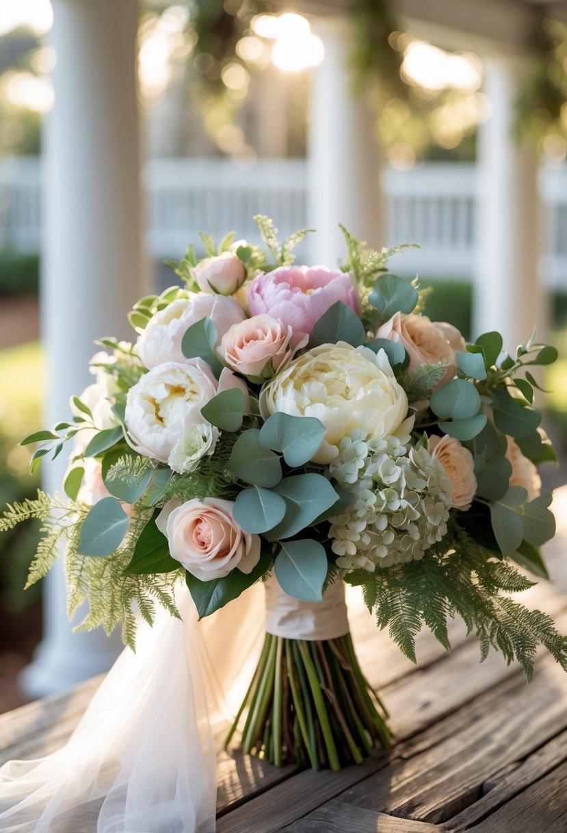 7 Best Wedding Florists in Charleston Lowcountry for Elegant and Timeless Bouquets 2 A bridal bouquet of pastel flowers and greenery resting on a wooden table with a garden background.