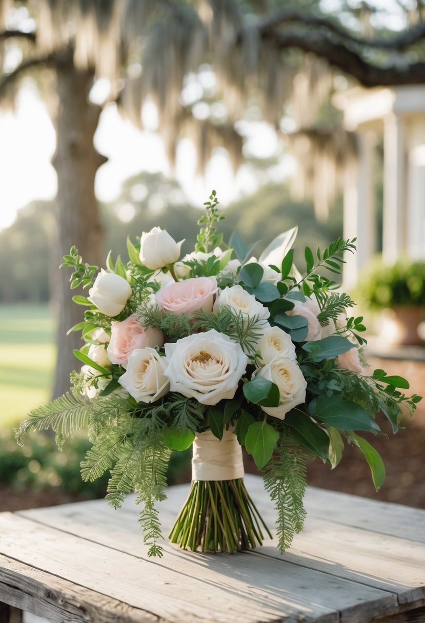 7 Best Wedding Florists in Charleston Lowcountry for Elegant and Timeless Bouquets 10 A bridal bouquet of fresh flowers resting on a wooden table with oak trees and a wedding venue in the background.