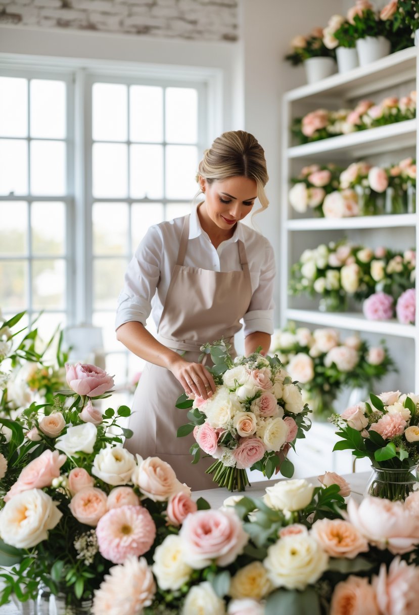 7 Best Wedding Florists in Charleston Lowcountry for Elegant and Timeless Bouquets 11 A florist arranging a bridal bouquet in a bright studio filled with fresh flowers and floral supplies.