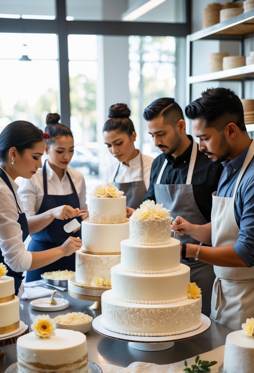 5 Best Wedding Cake Decorators in Los Angeles for Elegant and Custom Designs 2 Five wedding cake decorators working together to decorate elegant multi-tiered wedding cakes in a bright bakery.