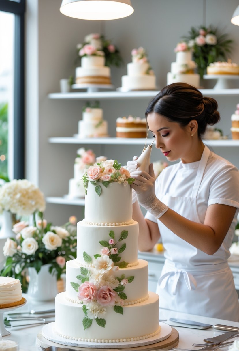 5 Best Wedding Cake Decorators in Los Angeles for Elegant and Custom Designs 8 A person decorating a multi-tiered wedding cake with floral designs in a bright bakery studio.