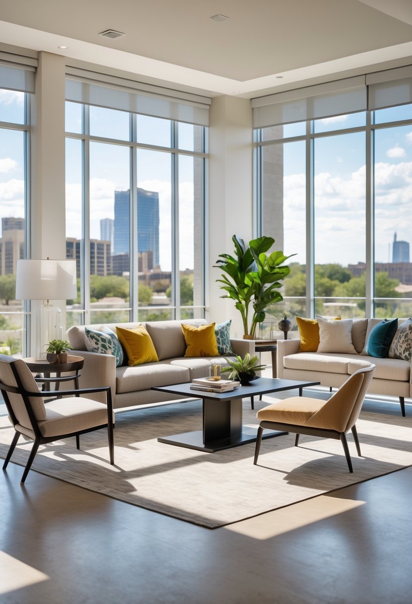 Best Furniture Rental in Austin Texas for Convenient and Stylish Living 2 A modern living room with a sofa, coffee table, chairs, and plants, illuminated by natural light from large windows showing a city view.