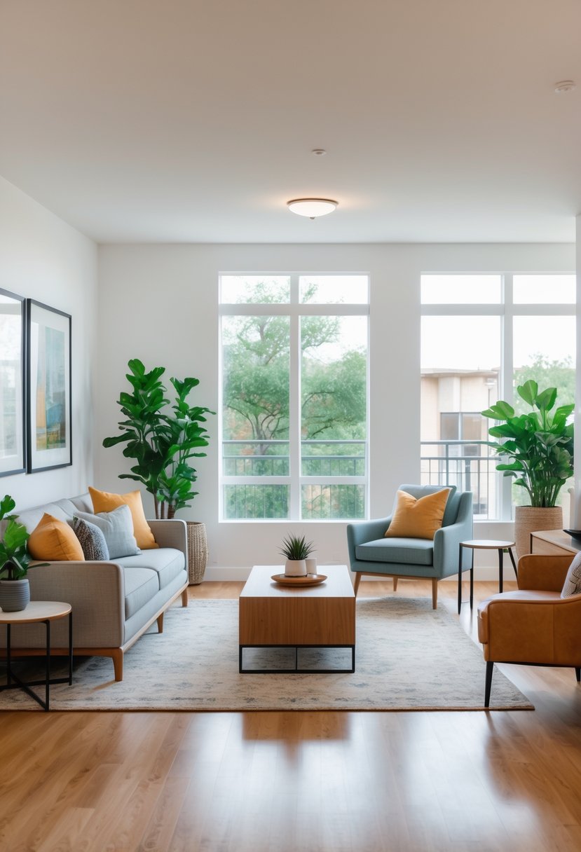 Best Furniture Rental in Austin Texas for Convenient and Stylish Living 10 A bright living room with modern furniture including a sofa, coffee table, and armchair, illuminated by natural light from large windows.