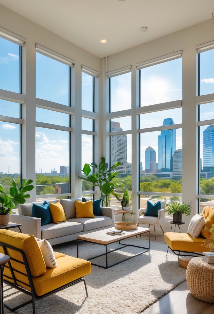 Best Furniture Rental in Austin Texas for Convenient and Stylish Living 11 A modern living room with rented furniture and a view of the Austin skyline through large windows.