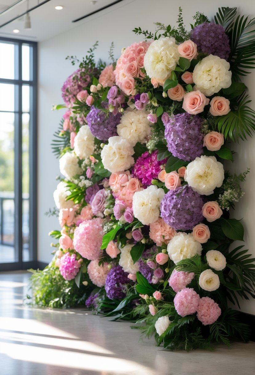 5 Best Flower Wall Rental Atlanta for Stunning Event Backdrops 2 A large, colorful flower wall made of roses, peonies, hydrangeas, and greenery in a bright event space.