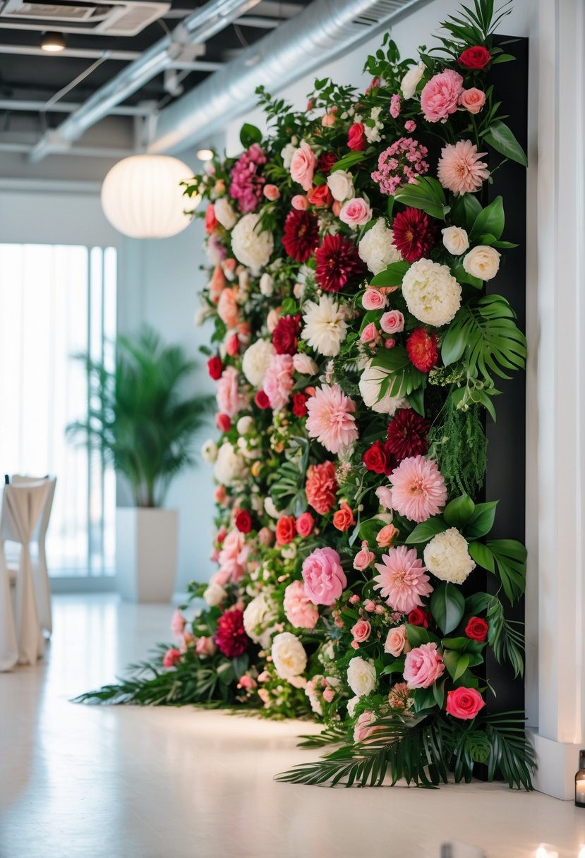 5 Best Flower Wall Rental Atlanta for Stunning Event Backdrops 8 A vibrant flower wall with various colorful flowers arranged as a backdrop in a bright event space with chairs nearby.