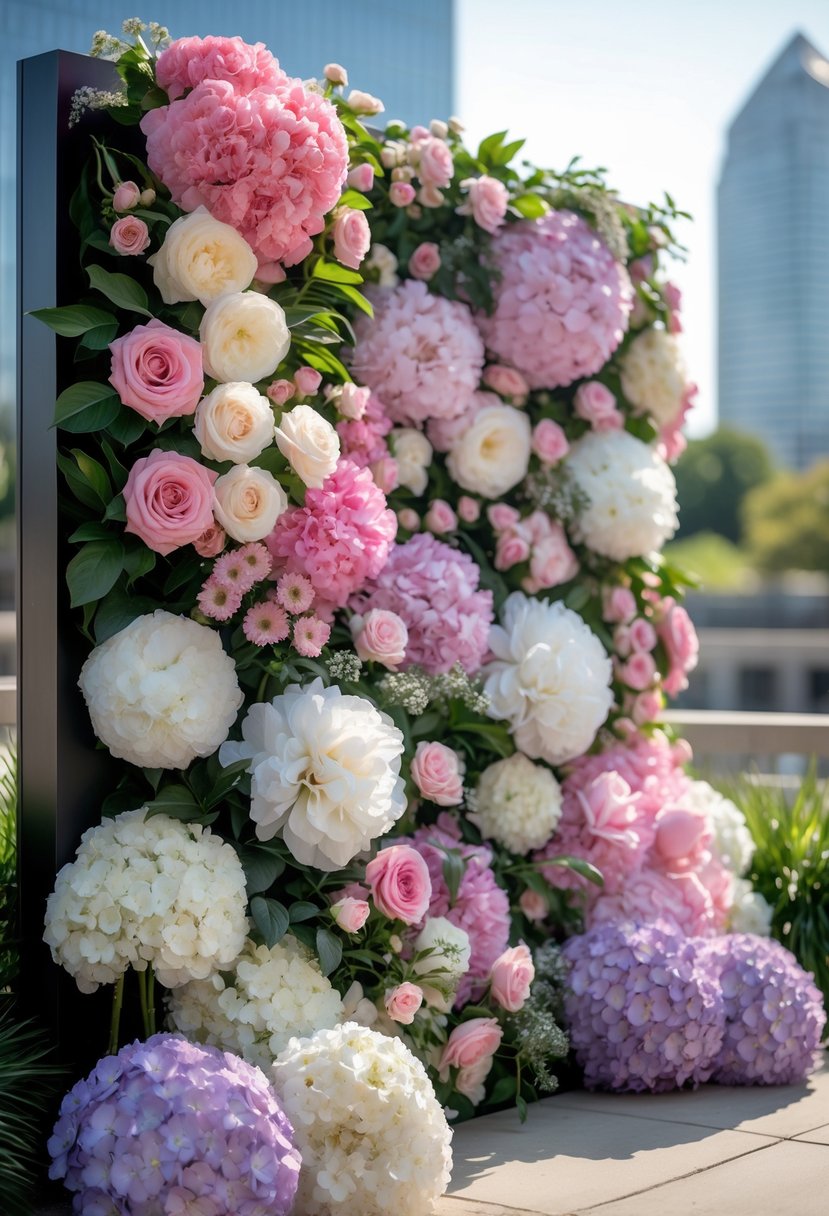 5 Best Flower Wall Rental Atlanta for Stunning Event Backdrops 9 A large, colorful flower wall with pink, white, and purple flowers set outdoors with Atlanta city skyline in the background.