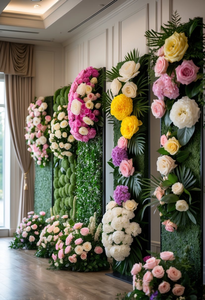 7 Best Flower Wall Rental Ottawa for Elegant Event Decor 2 Seven vibrant flower walls arranged indoors with colorful fresh flowers and greenery, creating a beautiful event backdrop.