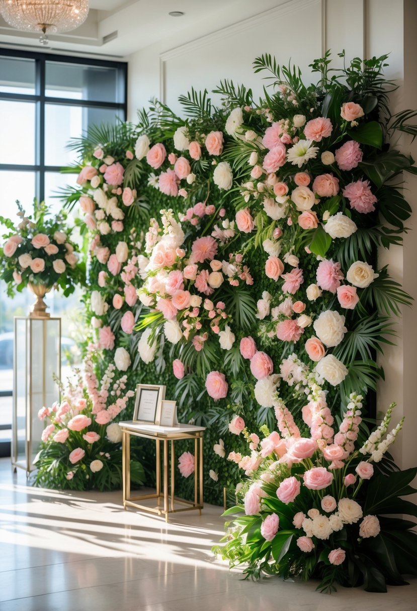 7 Best Flower Wall Rental Ottawa for Elegant Event Decor 10 A vibrant flower wall with pink, white, and green flowers set up in a bright event space with a small table in front.
