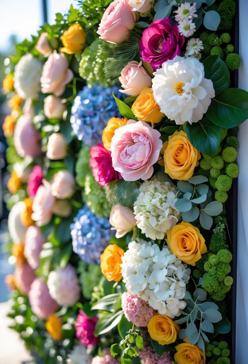 7 Best Flower Wall Rental Ottawa for Elegant Event Decor 11 A colorful flower wall made of roses, peonies, hydrangeas, and green leaves outdoors in natural sunlight.