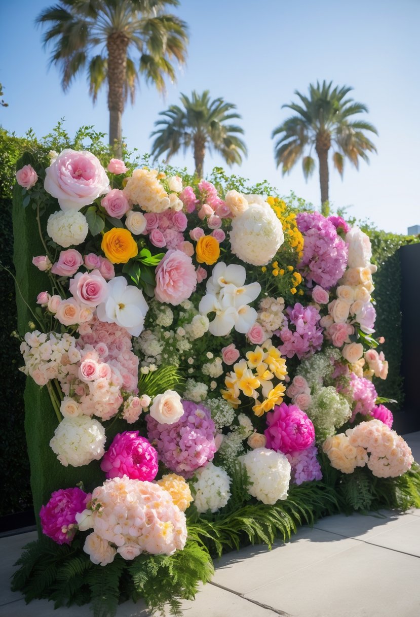 5 Best Flower Wall Rental Los Angeles for Elegant Event Decor Solutions 2 A large, colorful flower wall with various flowers and greenery outdoors under a clear sky with palm trees in the background.