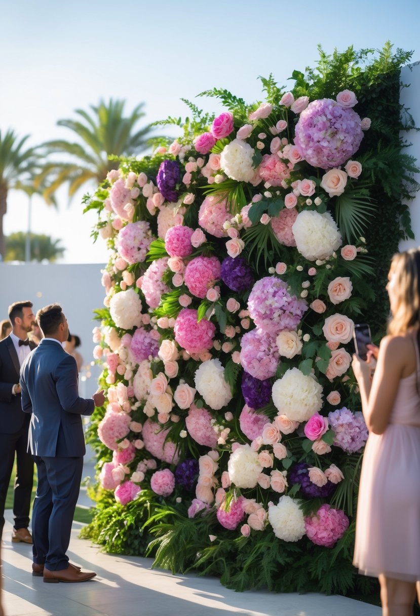 5 Best Flower Wall Rental Los Angeles for Elegant Event Decor Solutions 8 A colorful flower wall with various fresh flowers set outdoors, with people admiring it in a sunny event space.